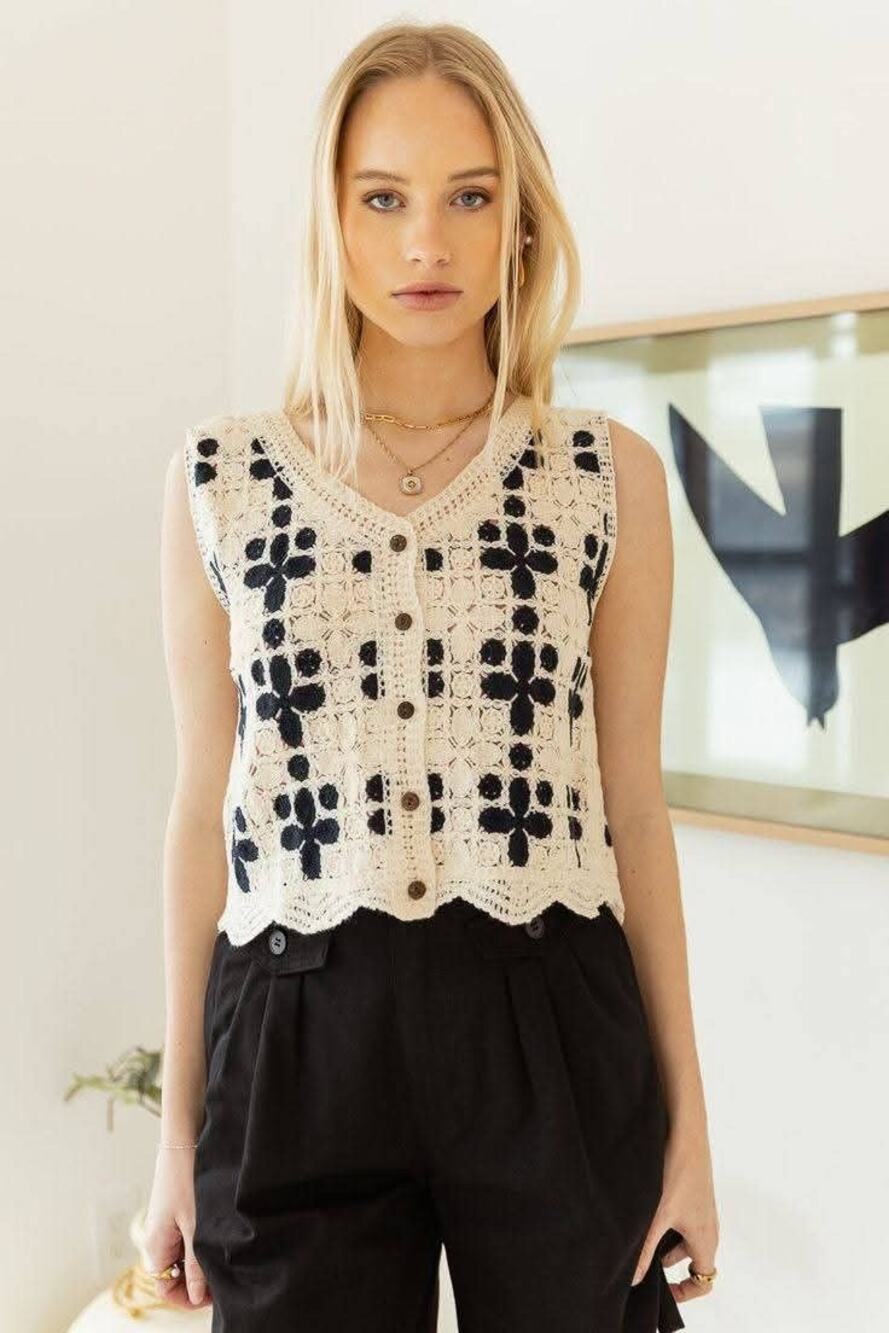 Cream Dark Blue Floral Crop Crochet ButtoN Front Vest Boho Festival Women Small